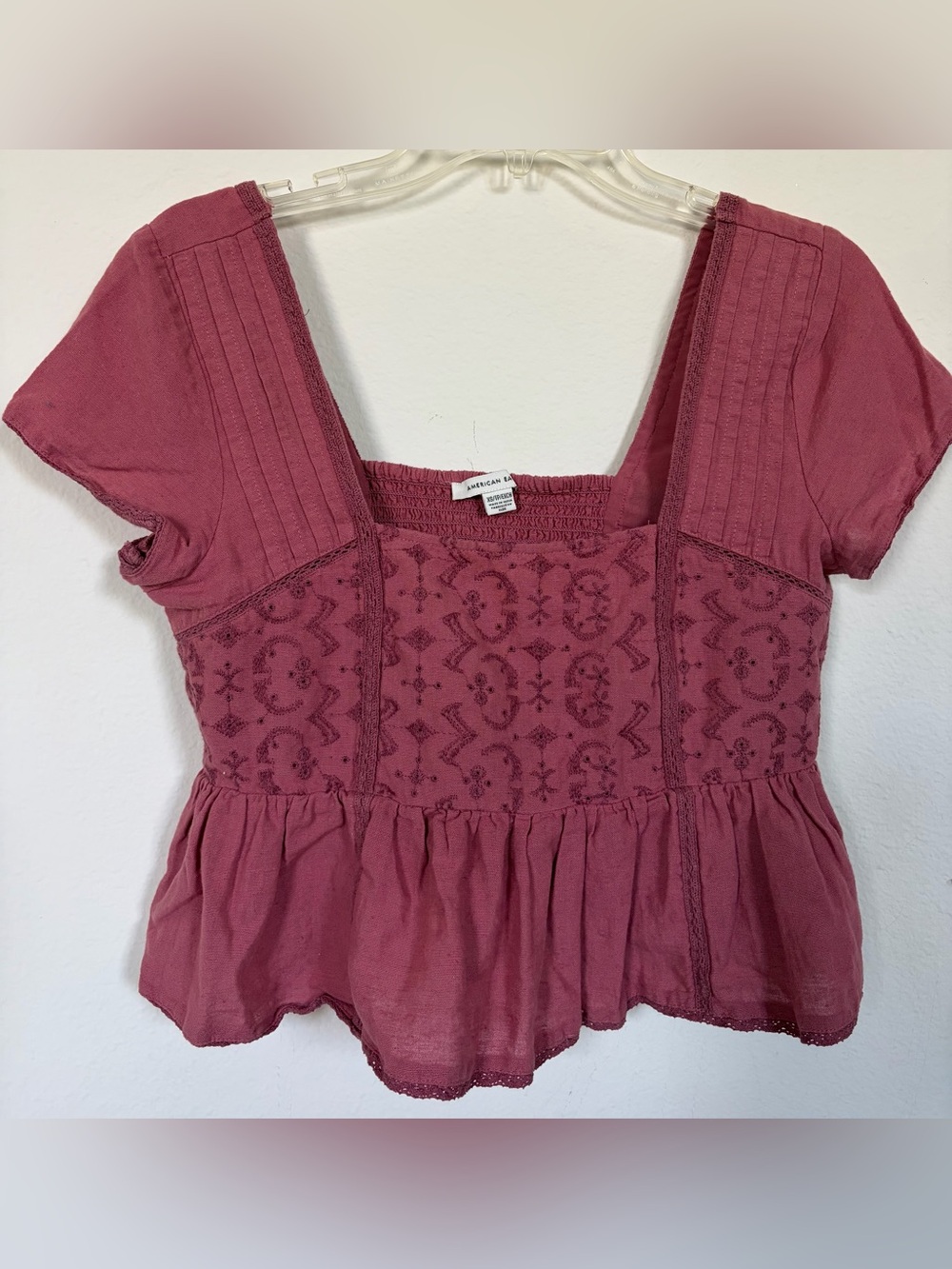 American Eagle Women’s Outfitters Mauve Embroidered Peplum Tunic Top